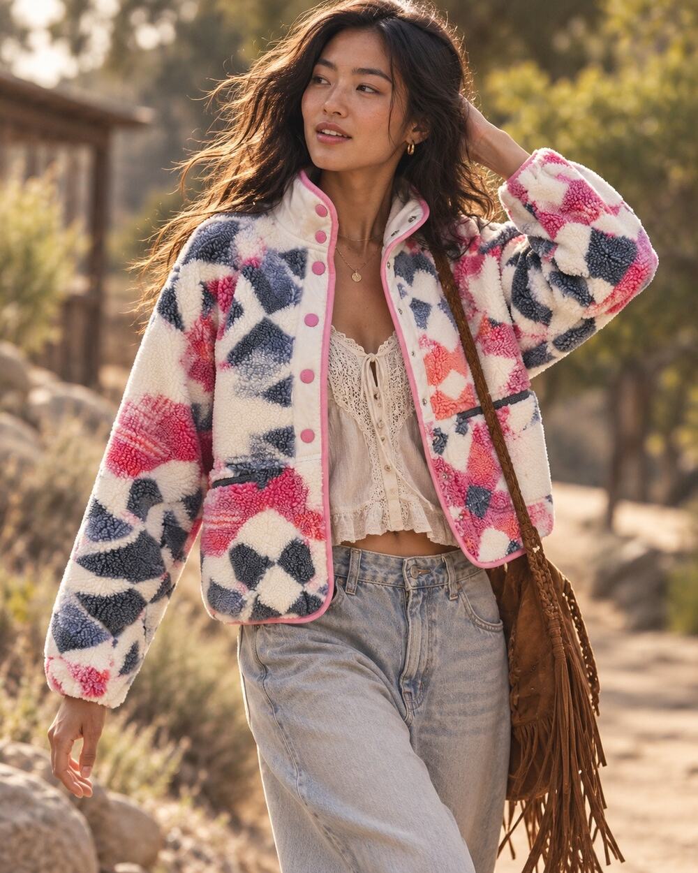 Free People Movement Mystic Meadow Sherpa Jacket Pink Gray Size S NWT $198